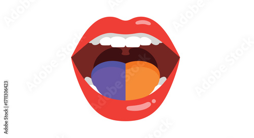 An open mouth reveals a tongue divided into distinct purple and orange halves.