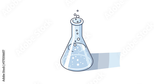 A laboratory flask with a clear liquid and bubbles showing a chemical reaction happening.