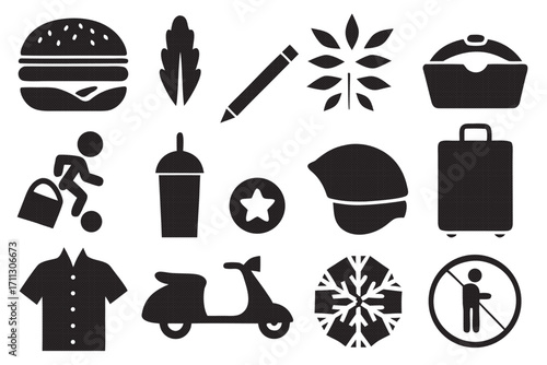 Collection of various black silhouette icons, including food, transportation, and activities for diverse design needs