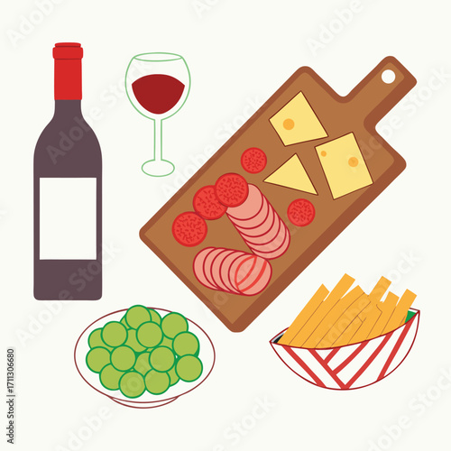 Wine bottle and appetizers are ready on the table for the party