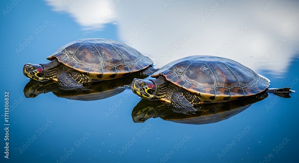Fototapeta premium Two Turtles Floating on Water Surface.
