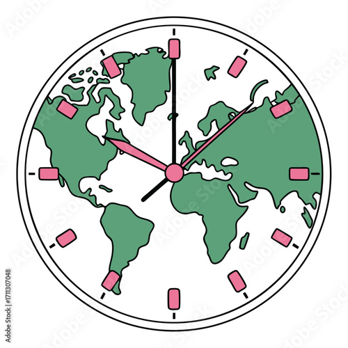 Green globe with pink markers forms the clock face with hands indicating time
