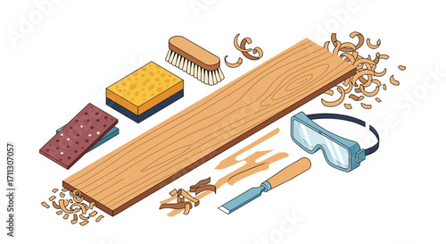 Woodworking tools and materials for a carpentry project are laid out on a white background.