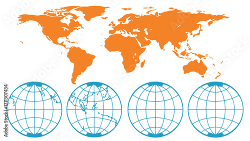 Simple map displays four distinct blue globe projections below an orange continents rendering
