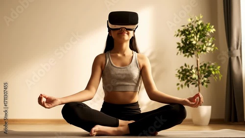 Young Woman Engaged in Virtual Reality Meditation Practice at Home