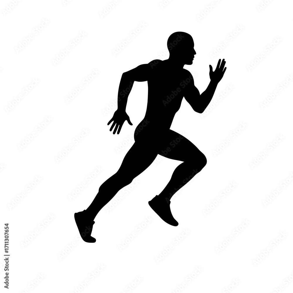 Naklejka premium A dynamic black silhouette of a male athlete captured in full stride, representing speed, fitness, and the essence of human movement against a clean white background.