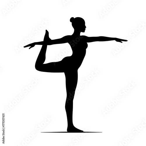 A graceful black silhouette of a woman performing a challenging yoga pose, demonstrating balance and flexibility on a clean white background.