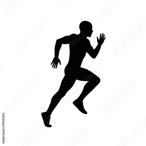 A dynamic silhouette of a male athlete sprinting with powerful strides, symbolizing speed, fitness, and competitive spirit against a clean white background.