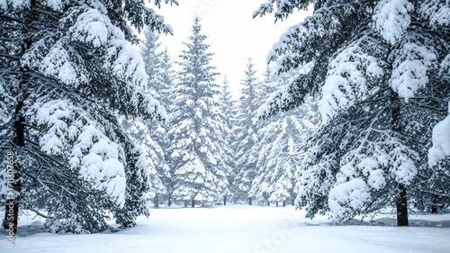 Snowy Forest Path Surrounded by Tall Pine Trees in Winter Landscape