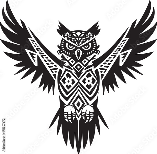Tribal owl design soaring with open wings graphic
