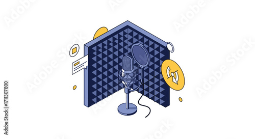 Creating high quality audio content using a professional microphone and acoustic treatment.