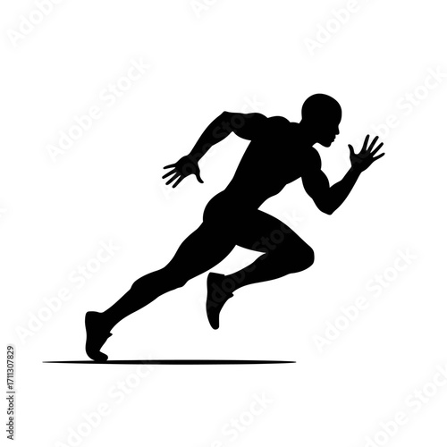 A striking black silhouette of a male runner captured in a dynamic sprinting pose, symbolizing speed, agility, and the powerful start of a competitive race.