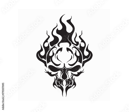 Black and white Skull with flames design logo vector on white background