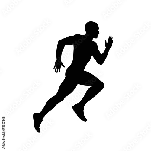 An isolated black silhouette of a muscular male runner in an active sprinting pose, symbolizing swiftness, vigor, and the pursuit of athletic achievement.