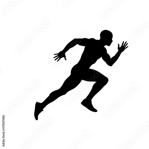 A dynamic black silhouette of a male athlete sprinting forward with powerful strides, symbolizing speed, determination, and competitive spirit.