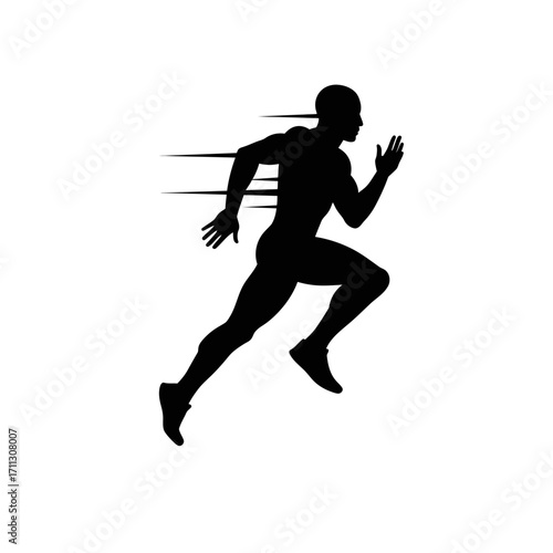 Dynamic black silhouette of a male athlete sprinting forward with incredible speed, symbolizing rapid movement, athletic prowess, and competitive energy.