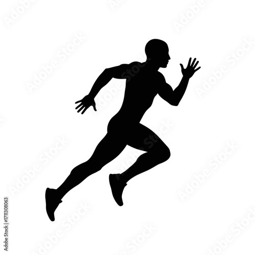 A powerful black silhouette of a male runner captured mid-stride, embodying rapid movement, intense competition, and athletic prowess on a stark white canvas.