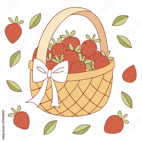 Wicker basket overflows with ripe strawberries amidst scattered leaves on a transparent backdrop