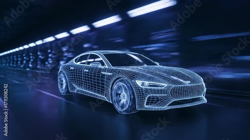 Futuristic Wireframe Car Model in Neon Tunnel Digital Visualization