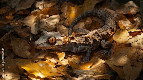 Satanic leaf-tailed gecko curled on a forest floor covered in sunlit fallen leaves, indistinguishable from its surroundings -