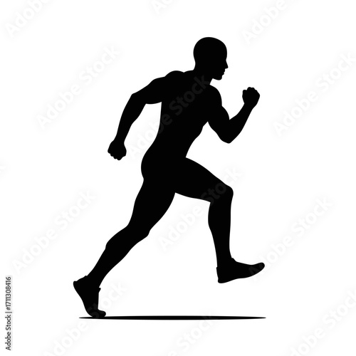 A powerful black silhouette of a male runner captured in an active pose, symbolizing speed, fitness, and human athleticism on a crisp white background.