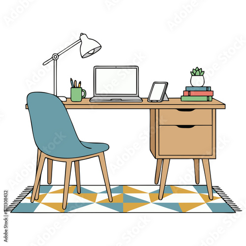 Vector illustration of a study table with books, a laptop computer, a pencil case, and a study lamp on it. Plain white background.