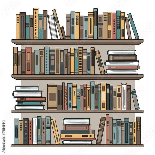 vector illustration of books neatly arranged on a shelf. Plain white background.