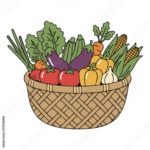 vector illustration of a bamboo basket filled with various vegetables. Plain white background.