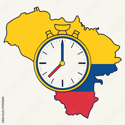 Stylized Colombia map displays colors resembling flag with a clock placed over it
