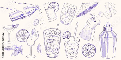 Hand drawn collection of summer cocktails and bar accessories in purple ink on a cream background