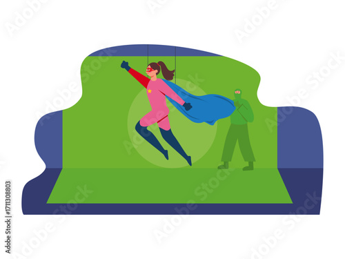 The set of a superhero movie with the leading actress in front of the camera and with green screen behind her. Hollywood illustration. Flat vector illustration.
