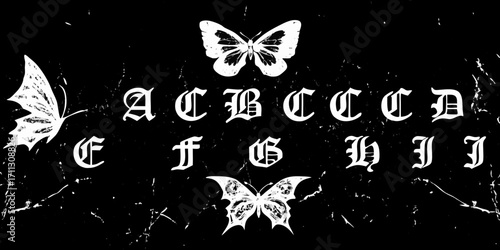 Gothic alphabet letters a to j with white butterflies on a textured black background