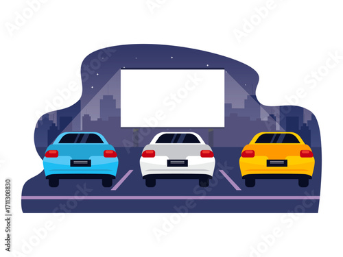 Outdoor cinema, drive-in movie theatre with cars on open air parking. Hollywood illustration. Flat vector illustration.