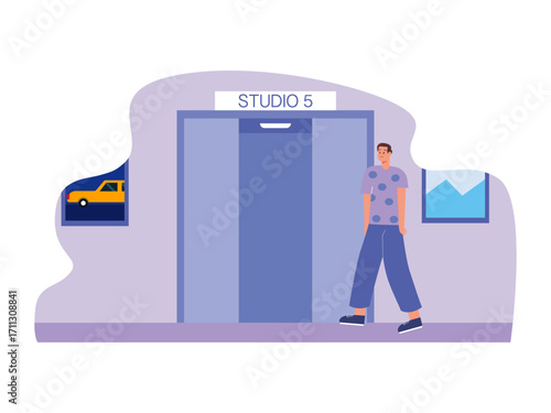 The man is in front of the cinema door about to enter the cinema building. Hollywood illustration. Flat vector illustration.