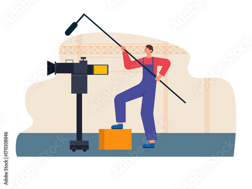 Male crew holding a sound recording microphone in a room set. Hollywood illustration. Flat vector illustration.