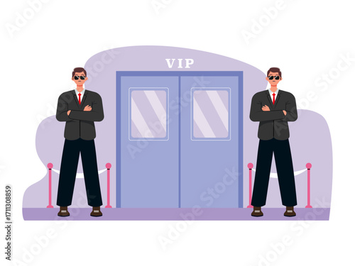 Two bodyguards in suits and sunglasses stand in front of the vip room. Hollywood illustration. Flat vector illustration.