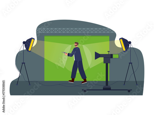 Man holding gun action shooting with green screen set up. Hollywood illustration. Flat vector illustration.