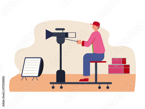 The cameraman is shooting a movie scene. Hollywood illustration. Flat vector illustration.