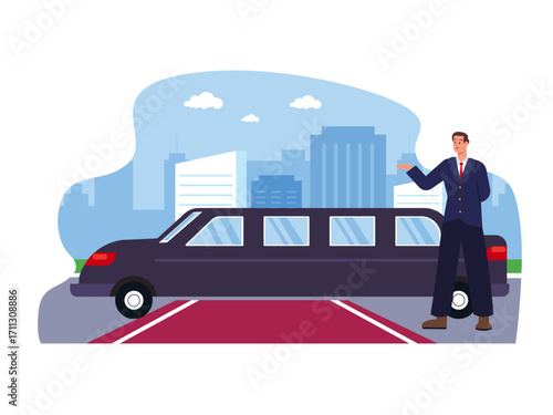 Black limousine luxury car with male security. Hollywood illustration. Flat vector illustration.