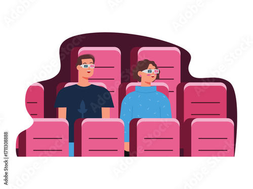Couple wearing glasses and watching a film in a cinema. Hollywood illustration. Flat vector illustration.