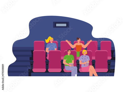 The audience sitting in a cinema hall and watching a movie. Hollywood illustration. Flat vector illustration.