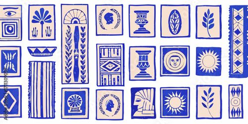 Collection of ancient greek inspired illustrations in blue and beige with various symbols and motifs