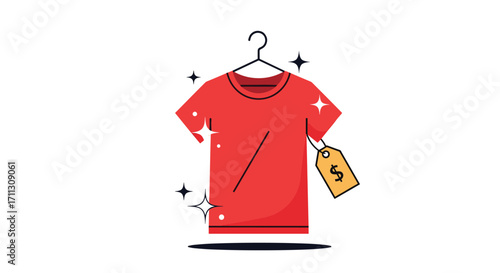 Affordable red t-shirt with a price tag and sparkling effects.