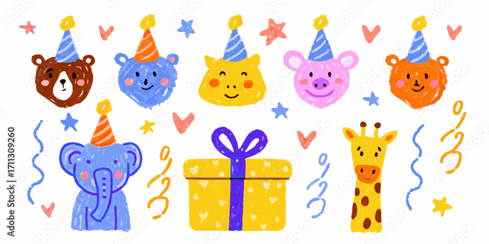 Naklejka premium Cute hand drawn animal faces wearing party hats with gifts and decorations for birthday celebration