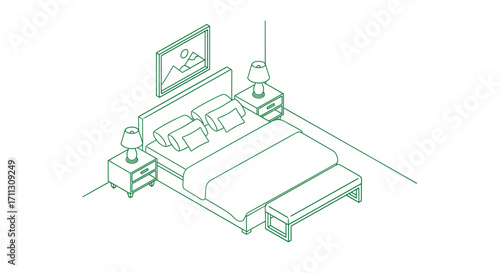 A serene bedroom scene unfolds with a luxurious bed and complementary nightstands and lamps.