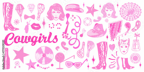 Pink cowgirl collage featuring boots hats faces lips stars and various western accessories