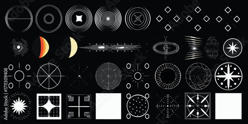 Collection of abstract geometric shapes and celestial elements on a black background