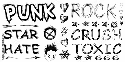 Collection of hand drawn punk rock symbols and words including punk rock star hate crush toxic and anarchy sign