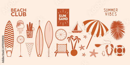 Beach club summer vibes with surfboards palm trees and beach accessories