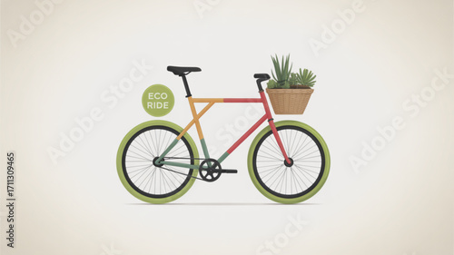 Eco friendly bicycle with basket and plants illustration for sustainable transportation and green commuting design